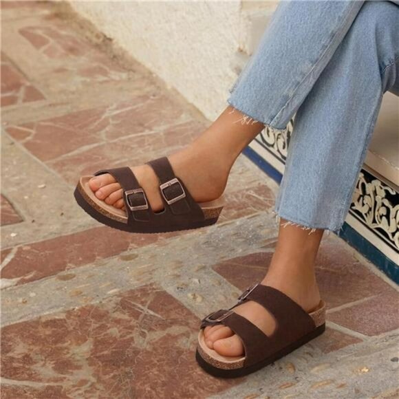 Platform Suede Sandals for Women Cork Footbed Adjustable Buckle Summer Slides - Picture 2 of 8